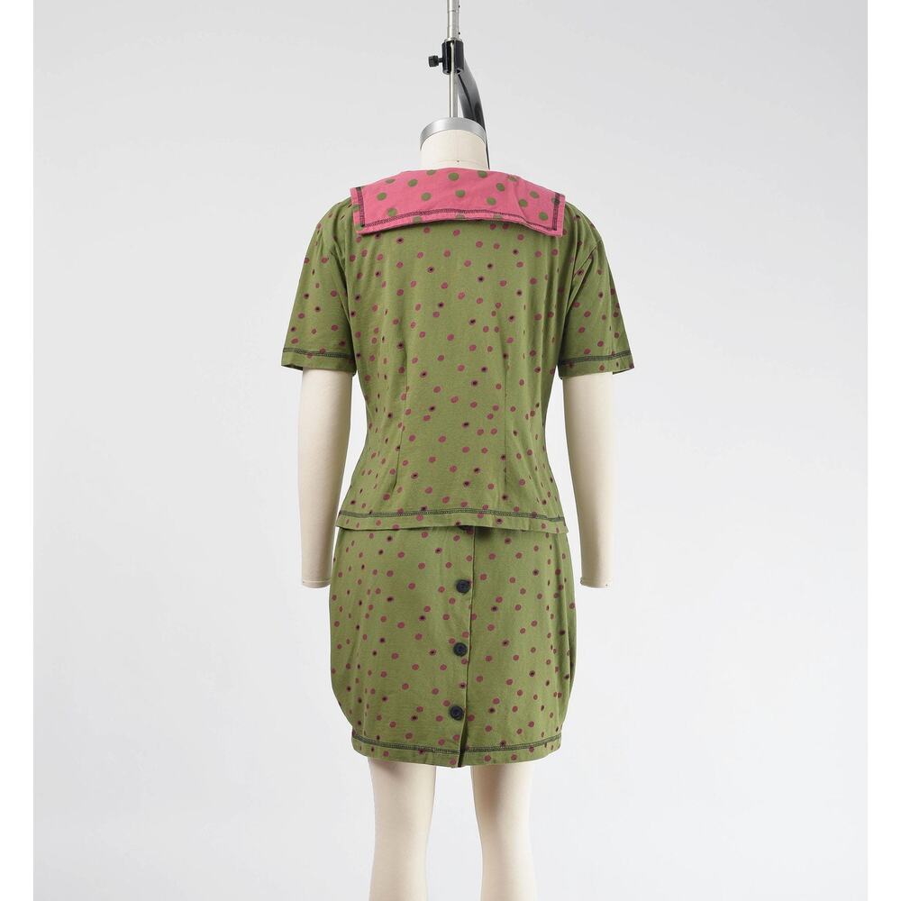 Vintage 90s Polka Mini Dot Skirt and Blouse Set Cotton Sailor Collar Top XS S - Picture 6 of 9
